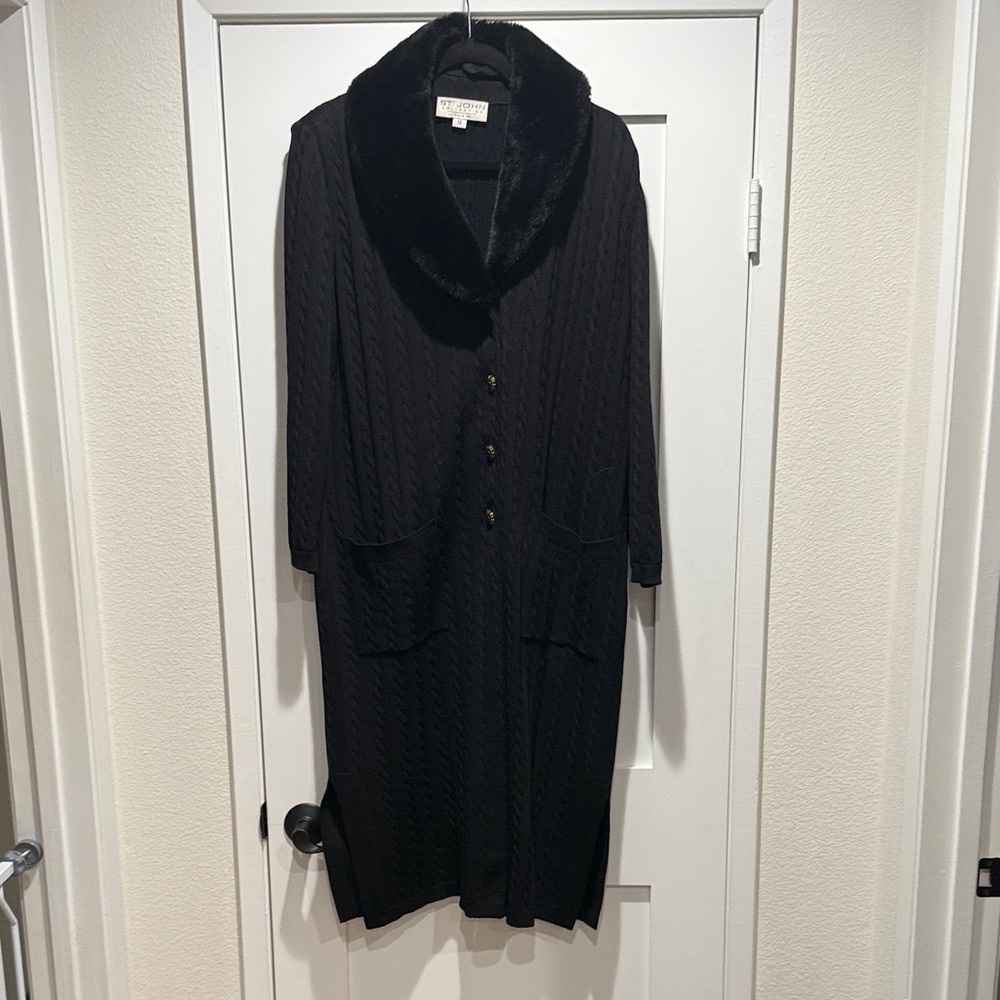 Gently Loved St. John Collection Black Coat with Faux Fur Collar